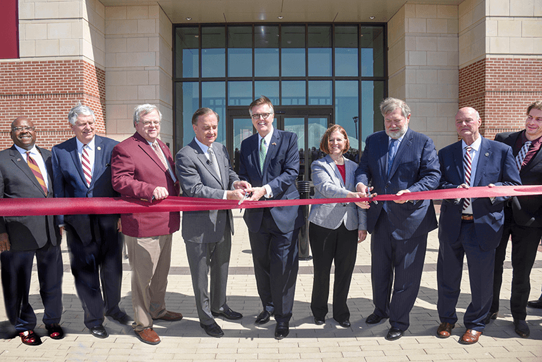 left to right: Greg Winfree, TTI Agency Director; Paul Workman, State Representative, District 47; Paul Bettencourt, State Senator, District 7; John Sharp, Texas A&M University System Chancellor; Dan Patrick, Texas Lieutenant Governor; M. Katherine Banks, Vice Chancellor and Dean of Engineering and TEES Agency Director; Charles Schwartz, Chairman, The Texas A&M University System Board of Regents; John Raney, State Representative, District 14; Zachary Grasley, CIR Director. (Photo: TTI)