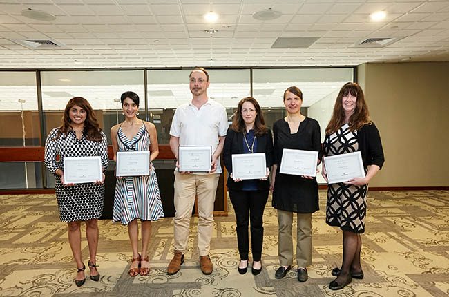 Arts & Humanities Fellows for 2018 are (from left): Rumya Putcha, assistant professor in the Department of Performance Studies; Vanita Reddy, associate professor in the Department of English, affiliated with the Women’s and Gender Studies program; Evan Haefeli, associate professor in the Department of History; Erin A. Snider, assistant professor in the Department of International Affairs; Susanneh Bieber, assistant professor in the Department of Visualization and the Department of Architecture; and Nancy Warren, professor in the Department of English.