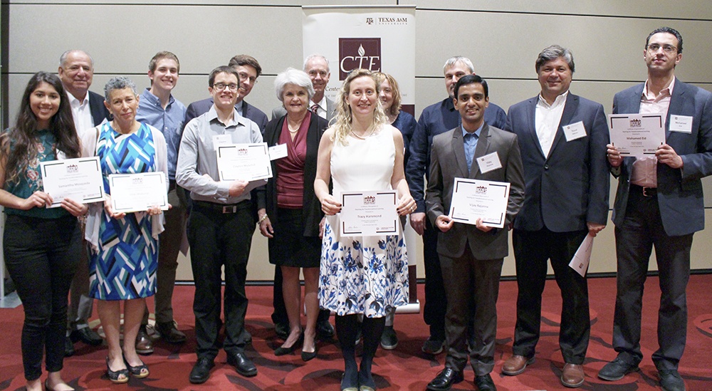 Front Row (Left to Right): Samantha Mosqueda, Ms. Vicki Mokuria, Clayton Mulvihill, Mrs. Carolyn Cotton, Dr. Tracy Hammond, Vijay Rajanna Back Row (Left to Right): Dr. Victor Arizpe, Jonathan Barnes, Dr. Timothy Jacobs, Mr. Carlos Cotton, Sarah Brown (representing Lexi Mitchell), Mr. Sherman Finch, Dr. Yucel Akkutlu, Mohamed Eid.