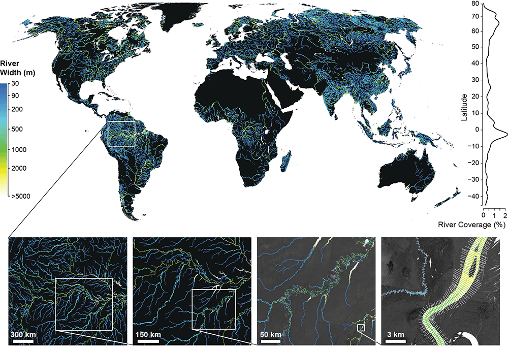 The Global River Widths from Landsat (GRWL) Database contains over 58M measurements of planform river geometry.
