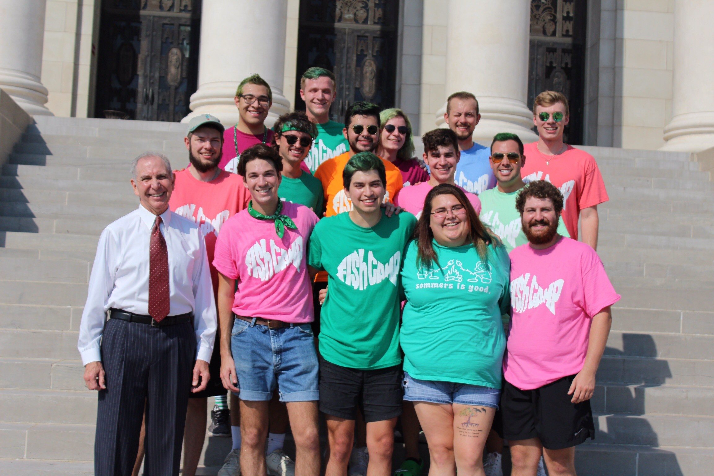 Texas A&M University President Michael K. Young visited a group of Fish Camp Counselors.