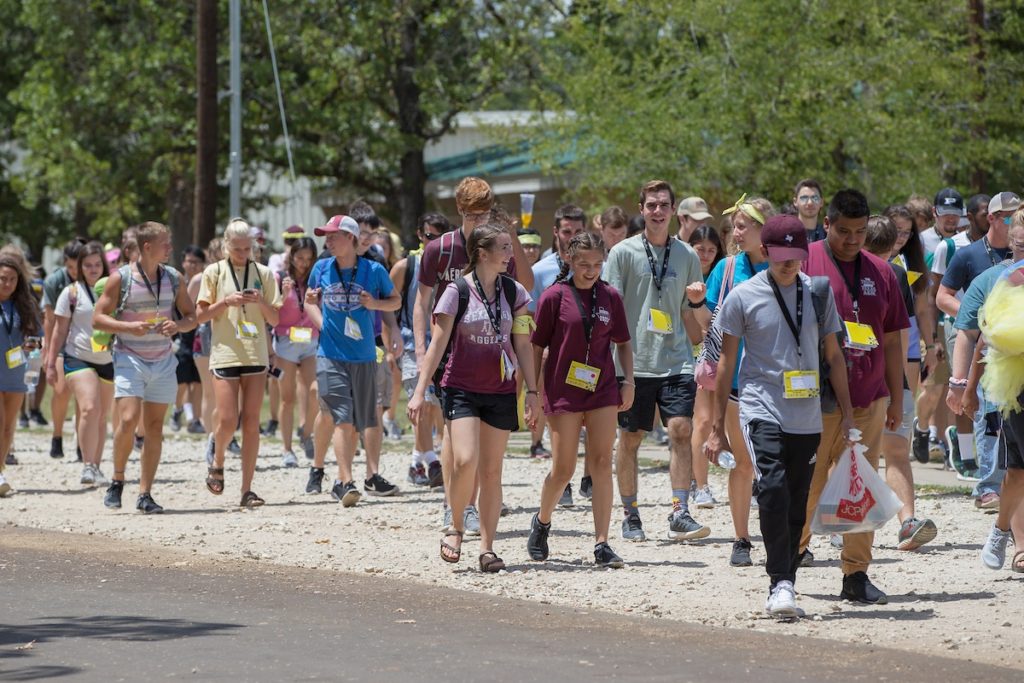 a large group of students walking at Fish Camp