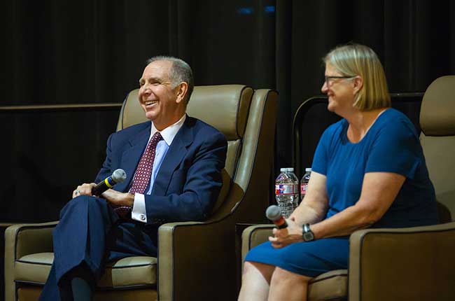 President Michael K. Young and Provost Provost & Executive Vice President Carol A. Fierke field questions from the university community. (Mark Guerrero/Texas A&M University Marketing & Communications)