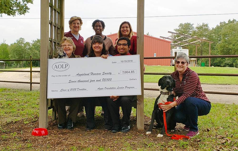 Front row: Kathy Bice, executive director of Aggieland Humane Society; Andreah Rodriguez, AOLP finance coordinator; Eddie Alvarado, AOLP evening social coordinator; Alicia Dorsey, Aggieland Humane Society board member. Back row: Carolyn Young, Aggieland Humane Society director of development; Meridia Sanders, NSFP associate coordinator; Alexsa Hernandez, AOLP orientation team leader. (Texas A&M Student Life)