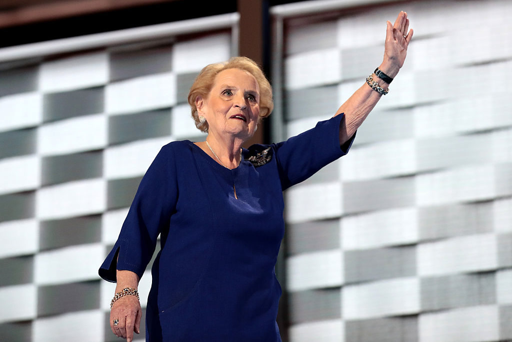 PHILADELPHIA, PA - JULY 26: Former secretary of state Madeleine Albright waves to the crowd after delivering remarks on the second day of the Democratic National Convention at the Wells Fargo Center, July 26, 2016 in Philadelphia, Pennsylvania. Democratic presidential candidate Hillary Clinton received the number of votes needed to secure the party's nomination. An estimated 50,000 people are expected in Philadelphia, including hundreds of protesters and members of the media. The four-day Democratic National Convention kicked off July 25. (Photo by Drew Angerer/Getty Images)