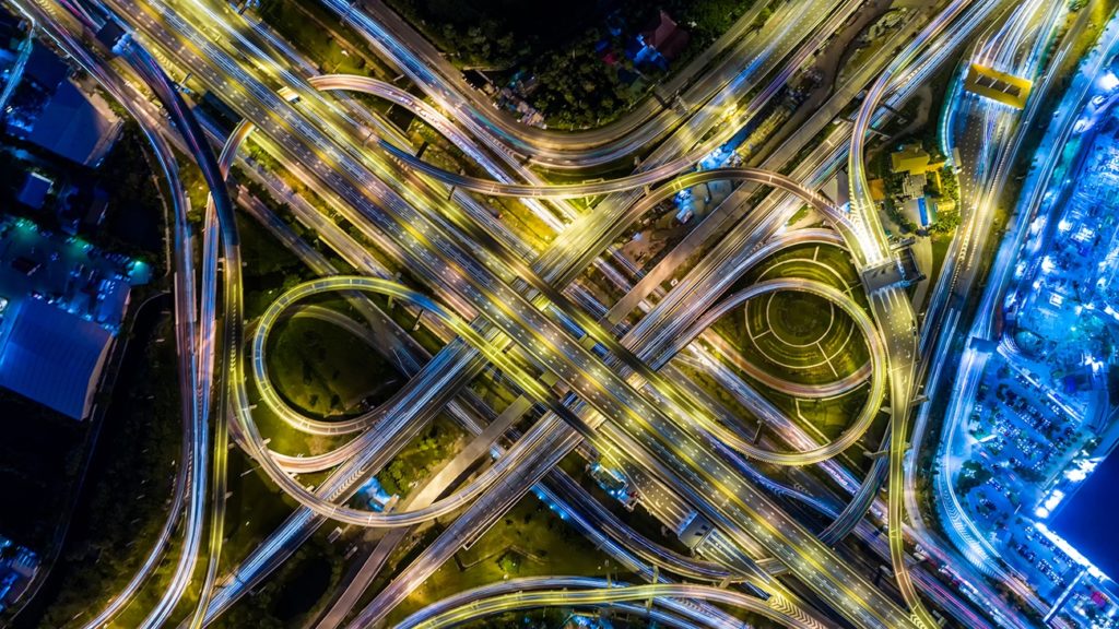 Aerial view of a Unique City Roads and Interchanges, Bangkok Expressway top view, Top view over the highway, expressway and motorway at night Aerial view from drone