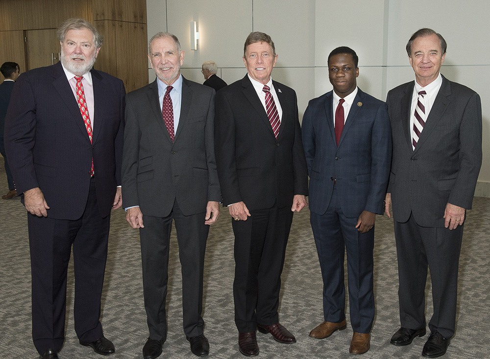 (From left): Charles Schwartz, chairman of The Texas A&M University System Board of Regents; Michael K. Young, president of Texas A&M University; Col. Mike Fossum, chief operating officer of Texas A&M University at Galveston; Ervin Bryant, student regent for The Texas A&M University System from Prairie View A&M University; and John Sharp, chancellor of the Texas A&M University System